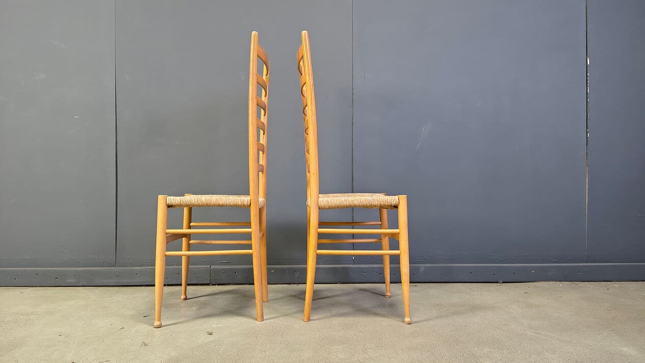 Set of six ladder back chairs, light brown beech, beige wicker, Italy, 1970s. - 328954