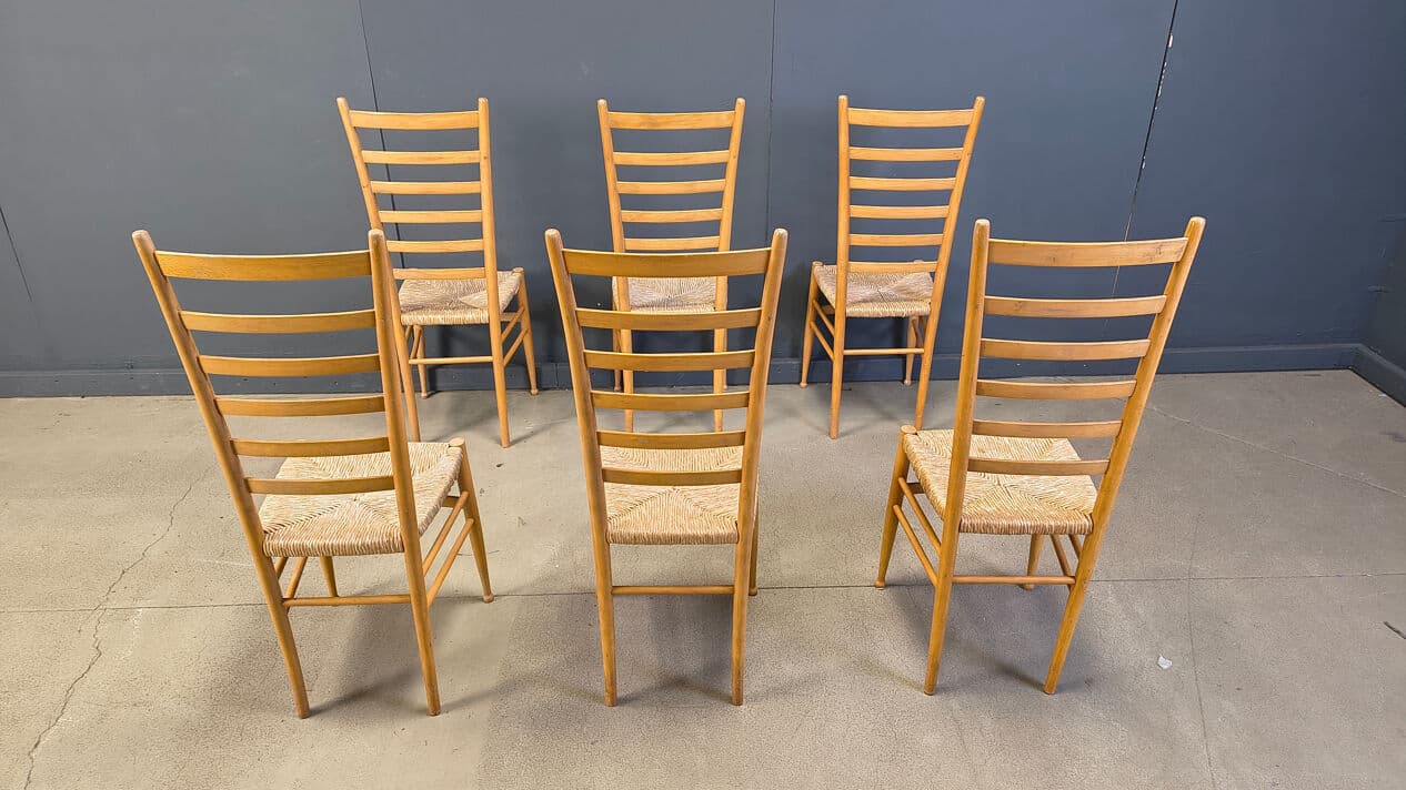 Set of six ladder back chairs, light brown beech, beige wicker, Italy, 1970s. - 328952
