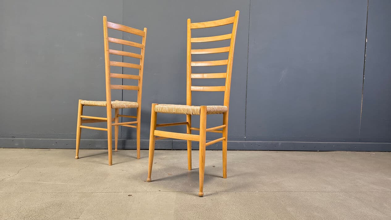 Set of six ladder back chairs, light brown beech, beige wicker, Italy, 1970s. - 328955