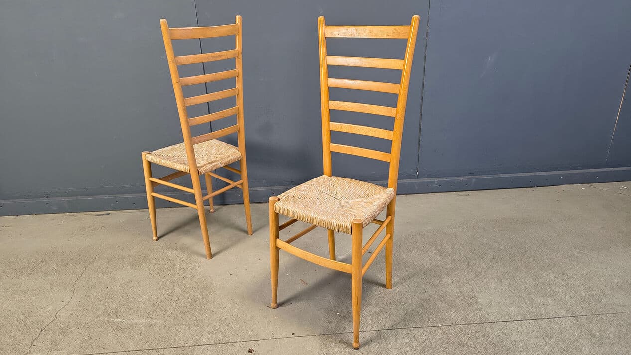 Set of six ladder back chairs, light brown beech, beige wicker, Italy, 1970s. - 328953