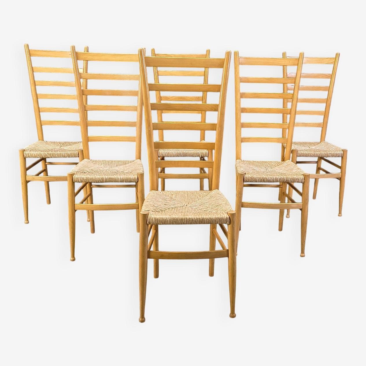 Set of six ladder back chairs, light brown beech, beige wicker, Italy, 1970s. - 328947