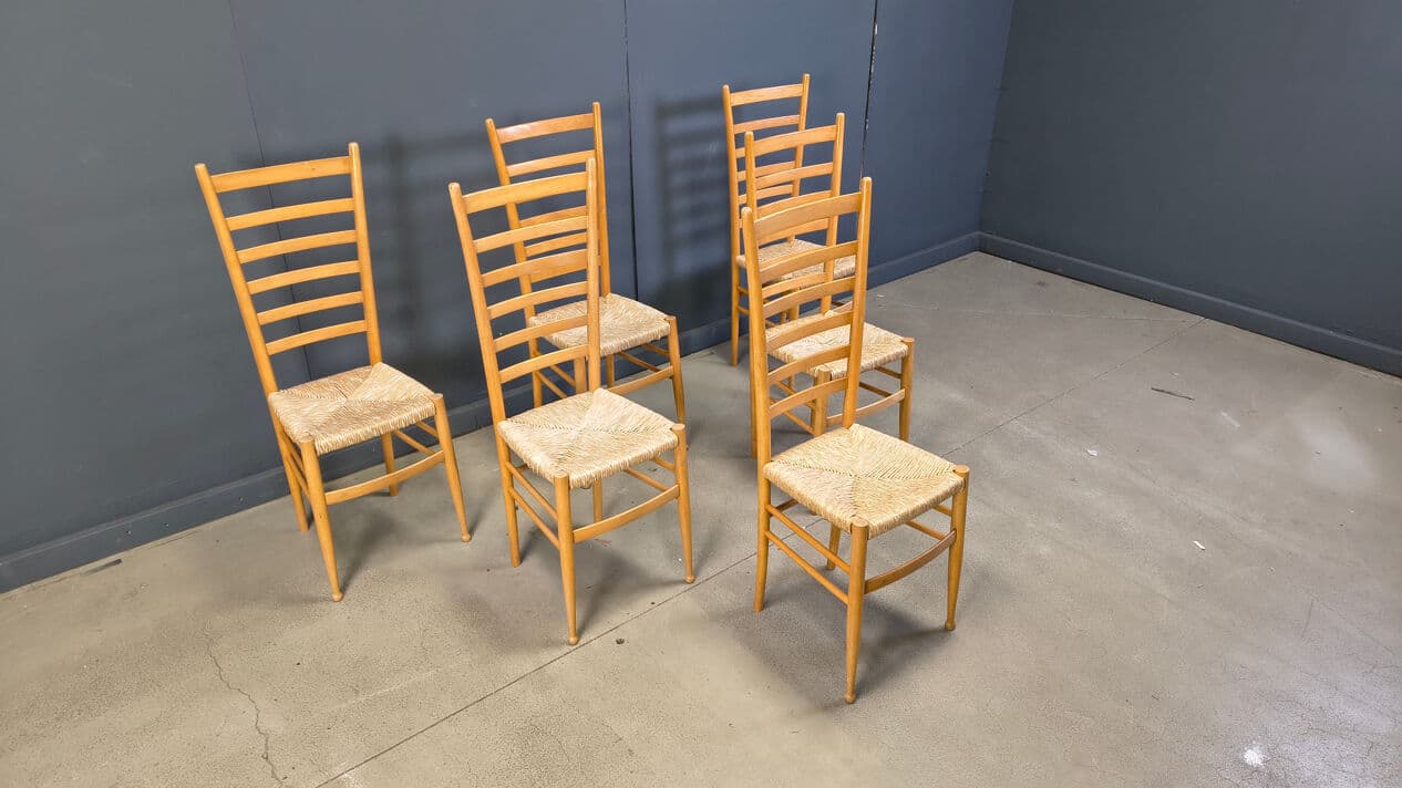 Set of six ladder back chairs, light brown beech, beige wicker, Italy, 1970s. - 328945