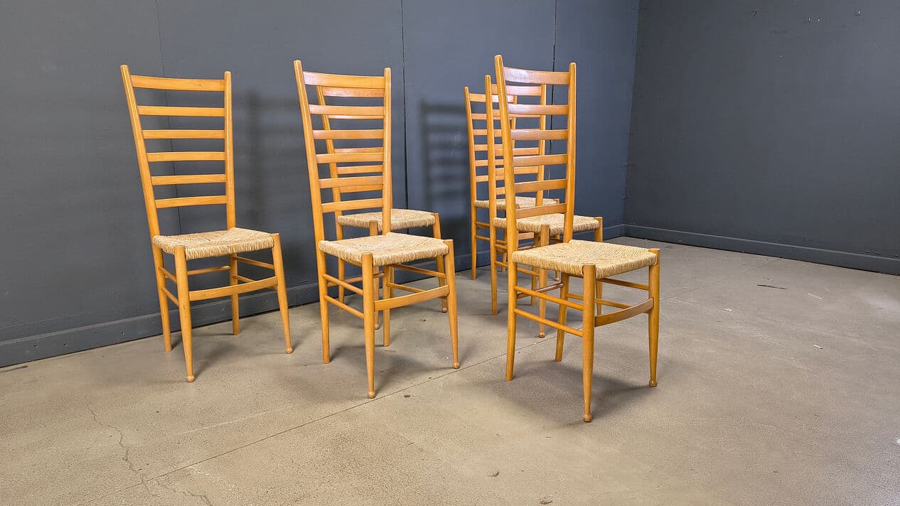 Set of six ladder back chairs, light brown beech, beige wicker, Italy, 1970s. - 328949