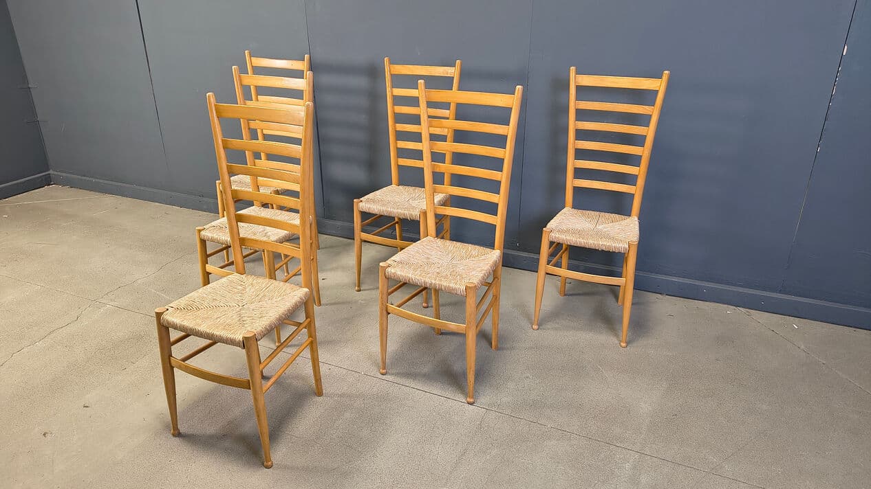 Set of six ladder back chairs, light brown beech, beige wicker, Italy, 1970s. - 328950