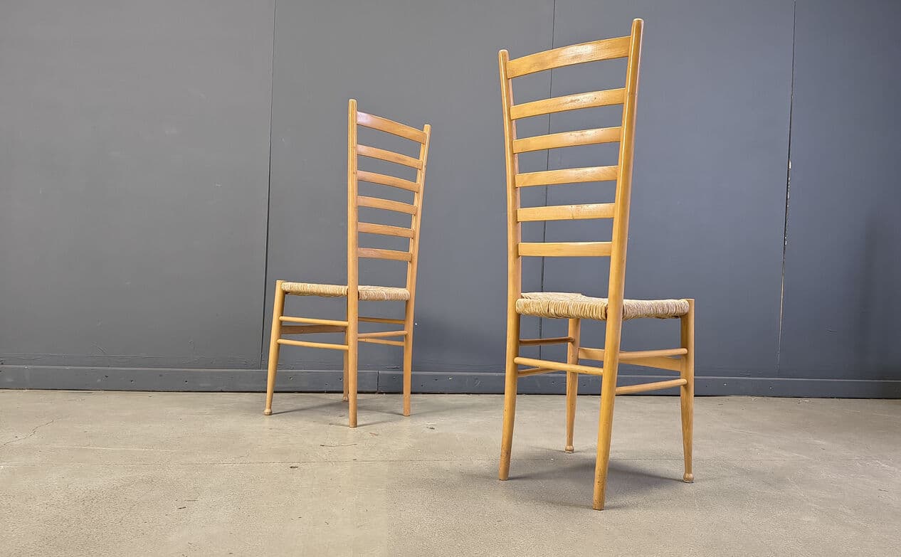 Set of six ladder back chairs, light brown beech, beige wicker, Italy, 1970s. - 328946