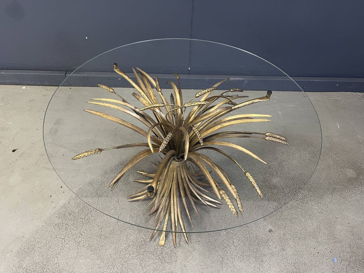 Coffee Table Sheaf of Wheat, gold metal, glass, Italy, 1970s. - 328903