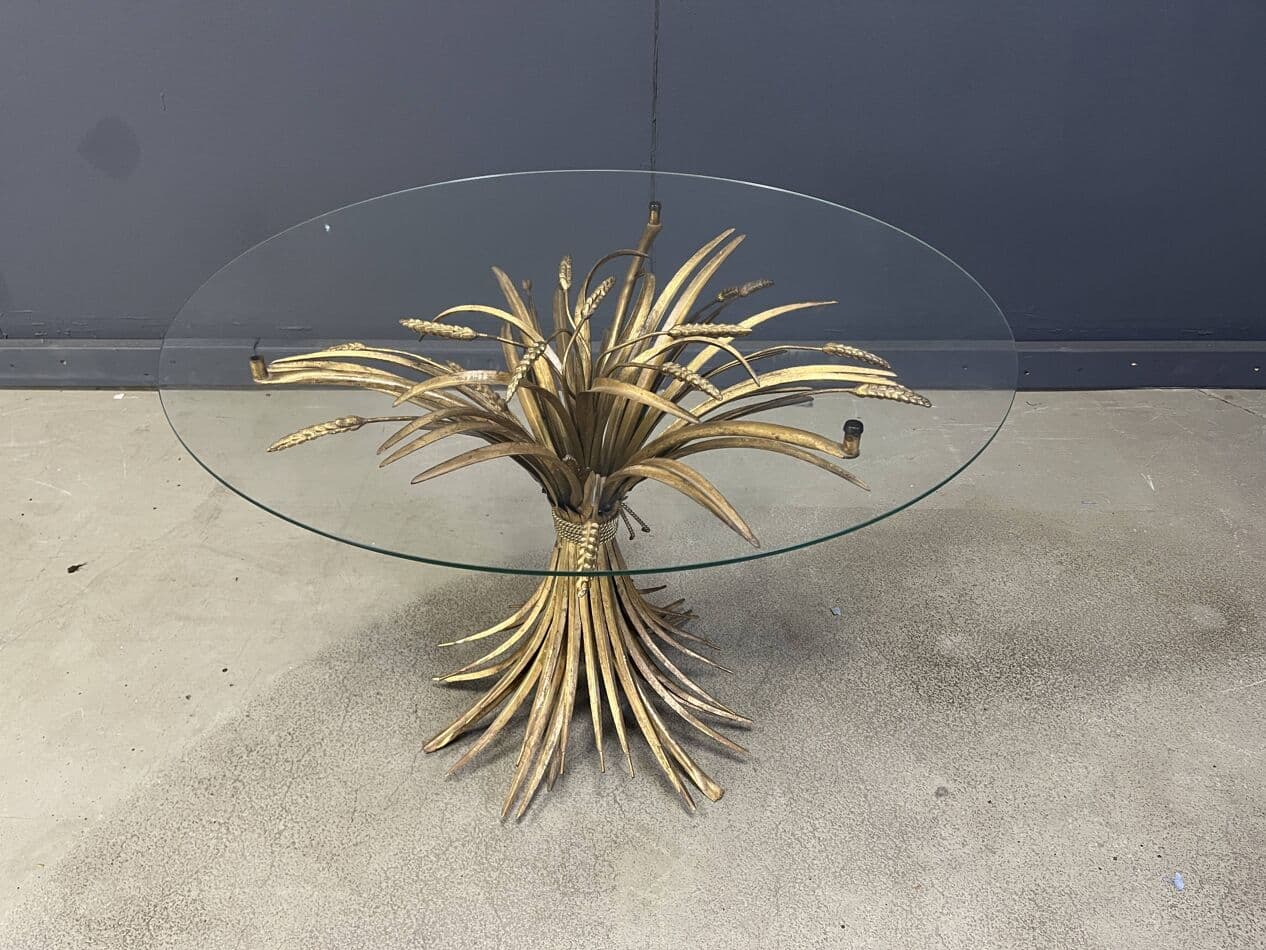 Coffee Table Sheaf of Wheat, gold metal, glass, Italy, 1970s. - 328901