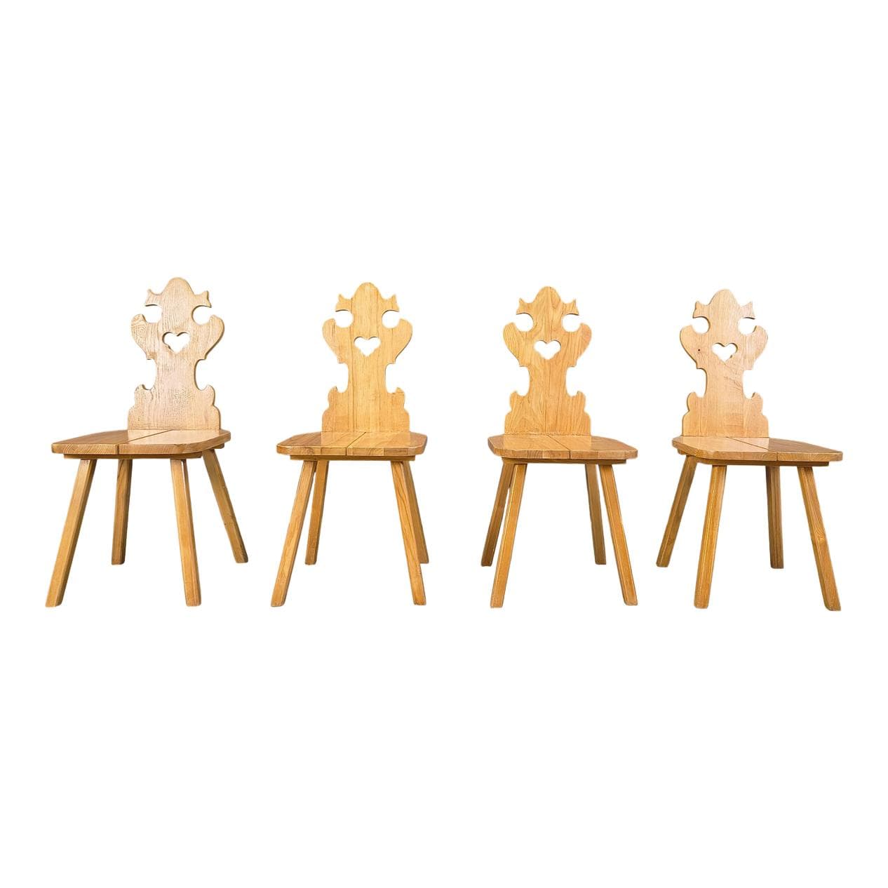 Set of four Tiroler dining chairs, brown oak, Poland, 1960s