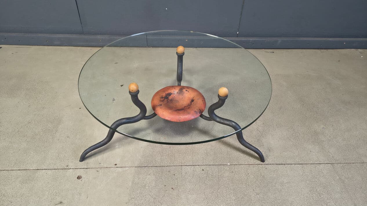 Coffee table, transparent glass, black iron, copper, Netherlands, 1970s. - 328864
