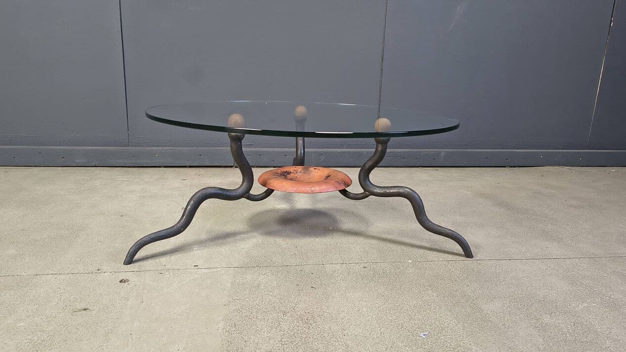 Coffee table, transparent glass, black iron, copper, Netherlands, 1970s. - 328865