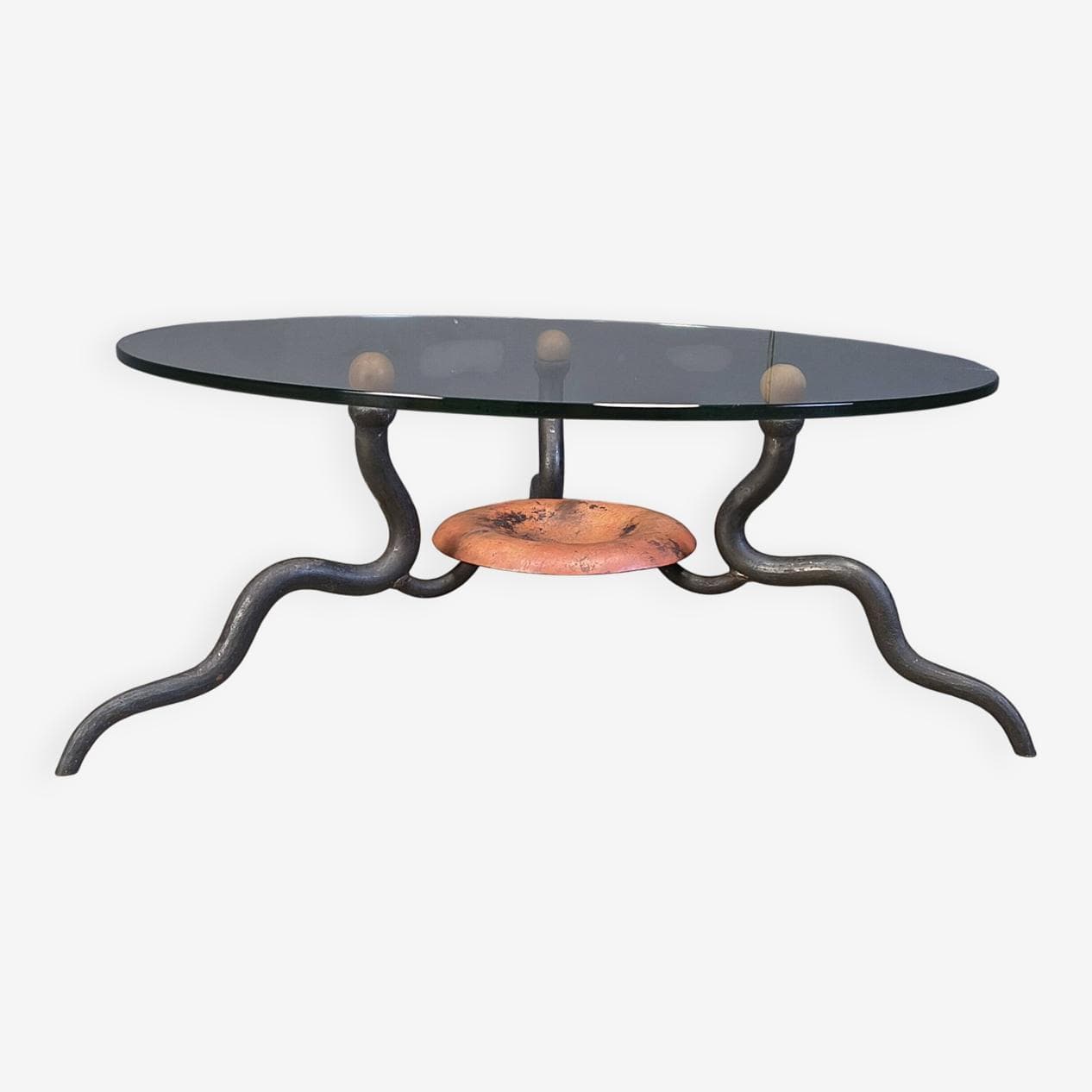 Coffee table, transparent glass, black iron, copper, Netherlands, 1970s. - 328866