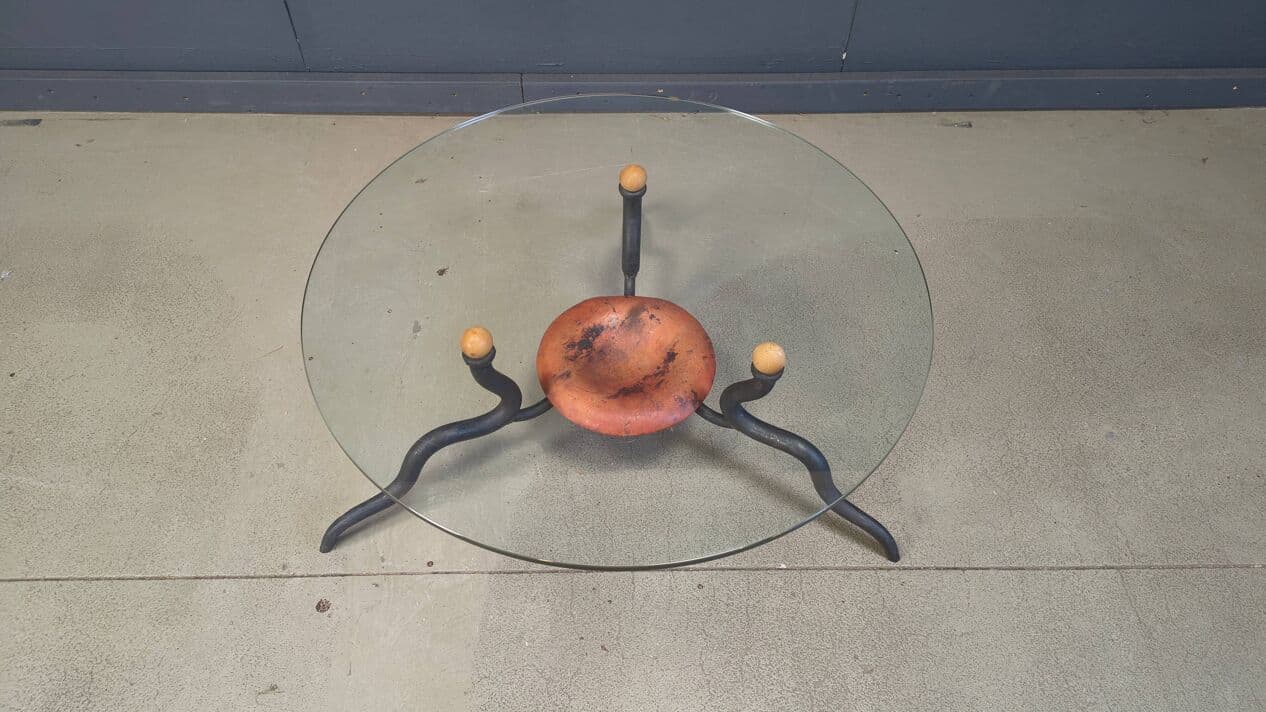 Coffee table, transparent glass, black iron, copper, Netherlands, 1970s. - 328873