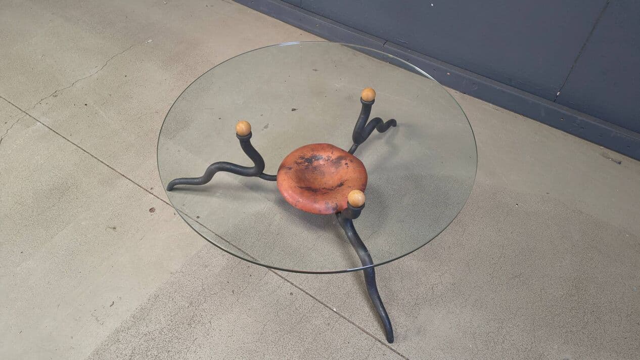 Coffee table, transparent glass, black iron, copper, Netherlands, 1970s. - 328871