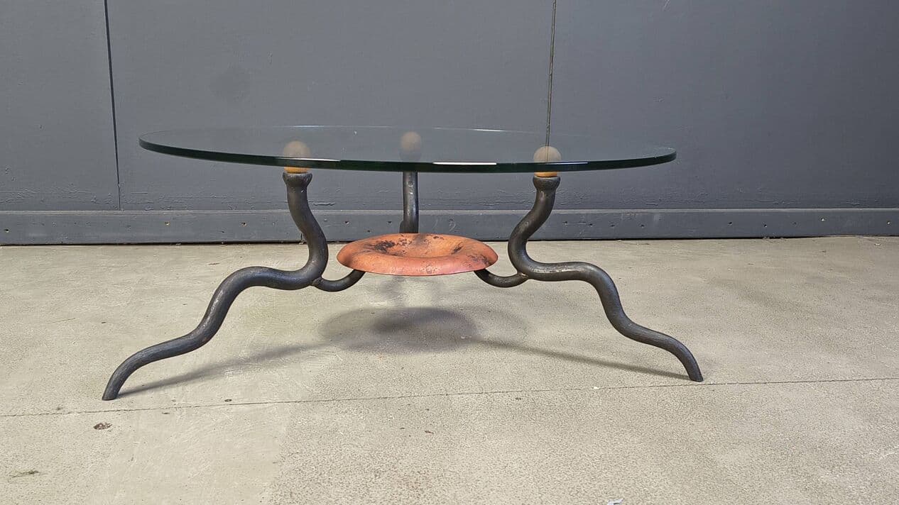 Coffee table, transparent glass, black iron, copper, Netherlands, 1970s. - 328869