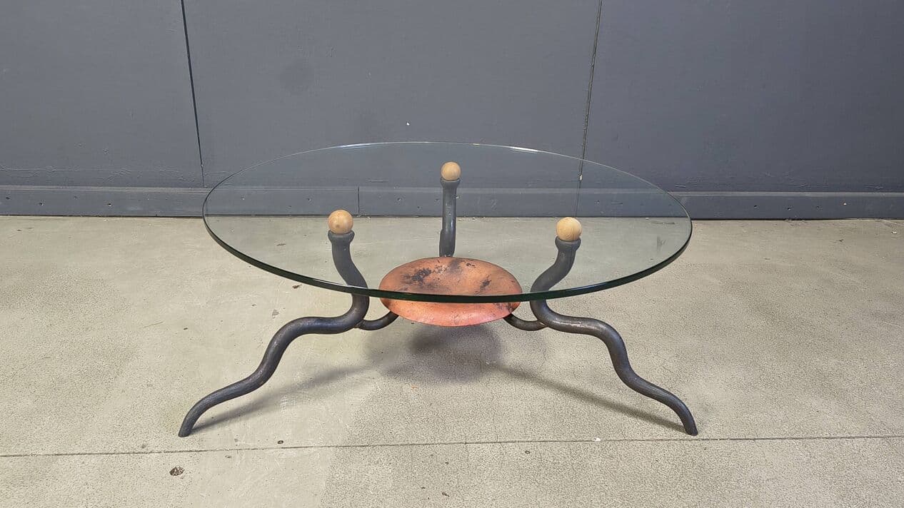 Coffee table, transparent glass, black iron, copper, Netherlands, 1970s. - 328867