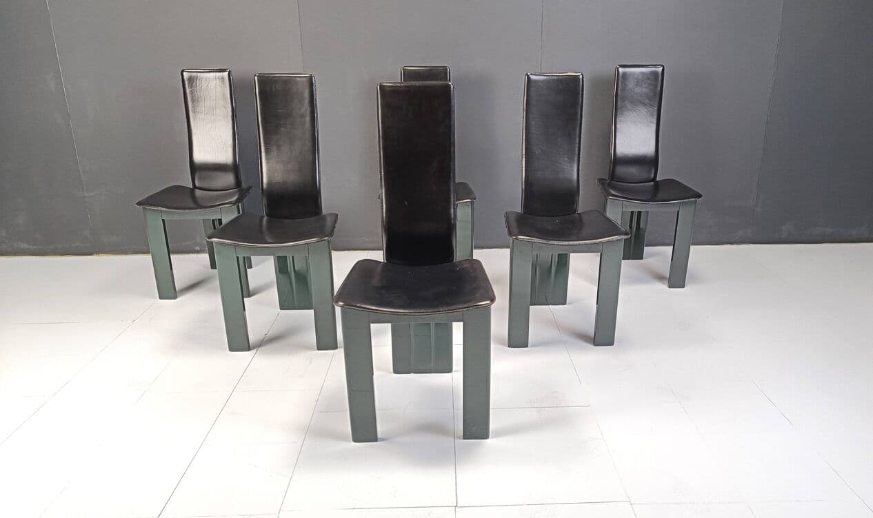Set of six dining chairs, black leather, green lacquered wood, Italy, 1980s. - 328853