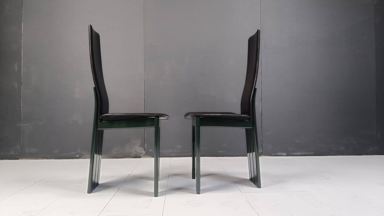Set of six dining chairs, black leather, green lacquered wood, Italy, 1980s. - 328856