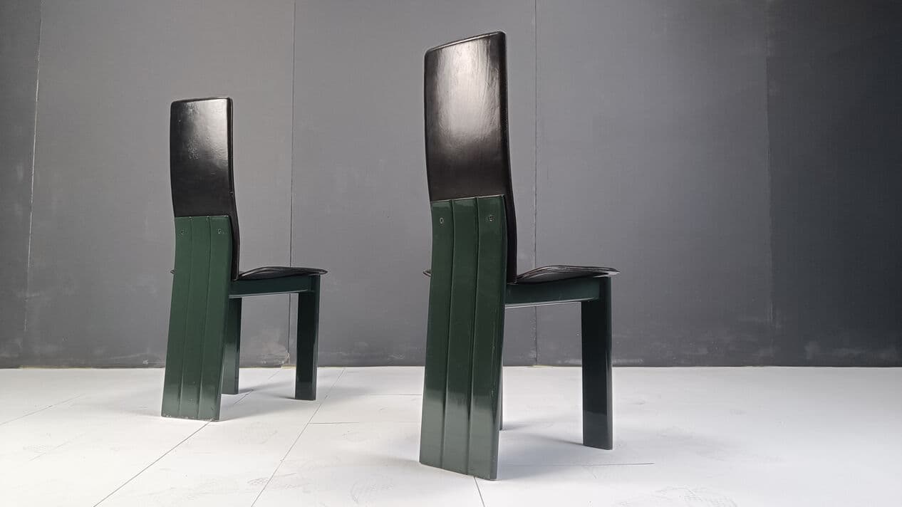 Set of six dining chairs, black leather, green lacquered wood, Italy, 1980s. - 328855