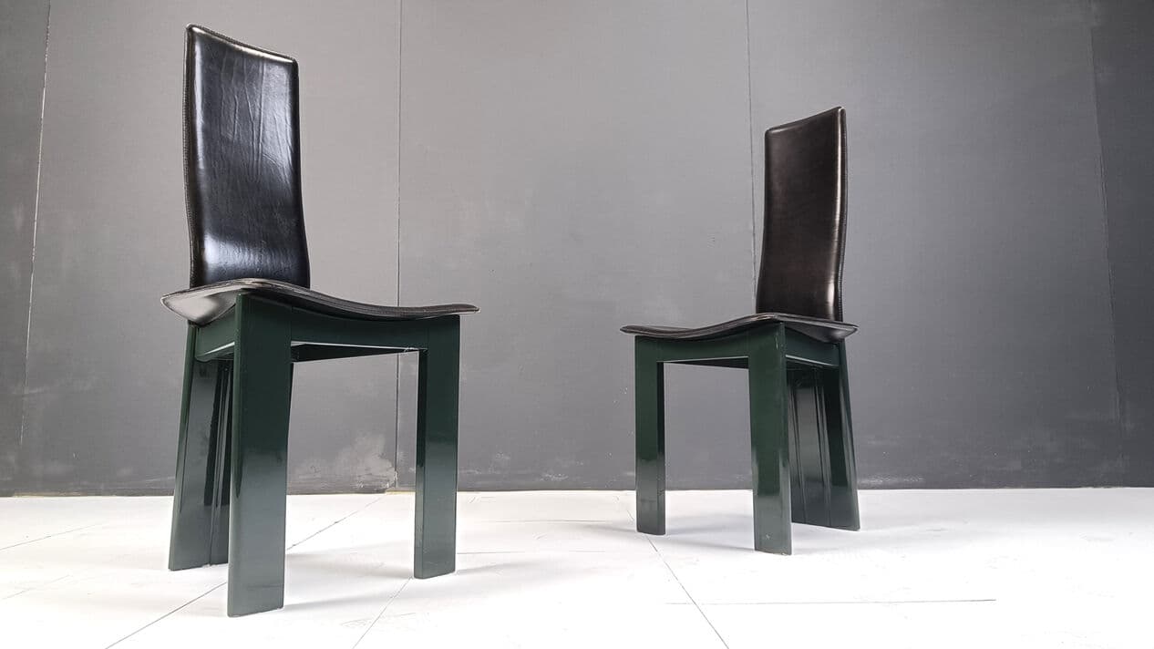 Set of six dining chairs, black leather, green lacquered wood, Italy, 1980s. - 328858
