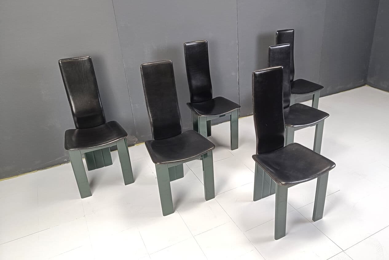 Set of six dining chairs, black leather, green lacquered wood, Italy, 1980s. - 328861