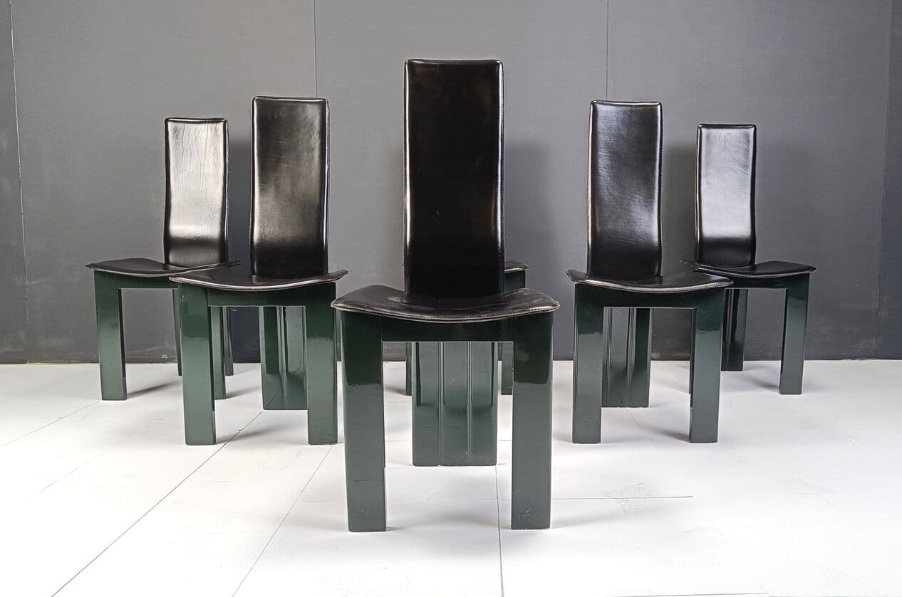 Set of six dining chairs, black leather, green lacquered wood, Italy, 1980s. - 328852