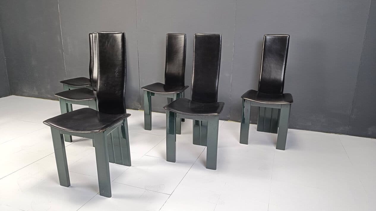 Set of six dining chairs, black leather, green lacquered wood, Italy, 1980s. - 328859