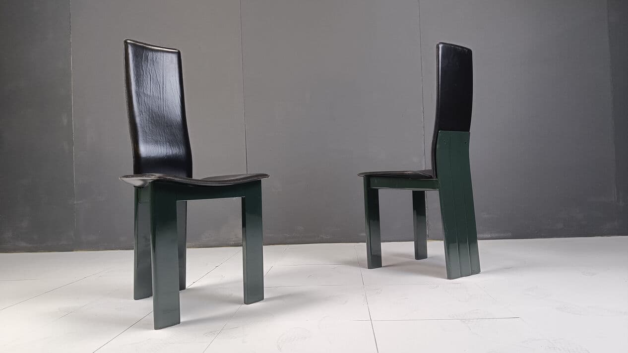 Set of six dining chairs, black leather, green lacquered wood, Italy, 1980s. - 328857