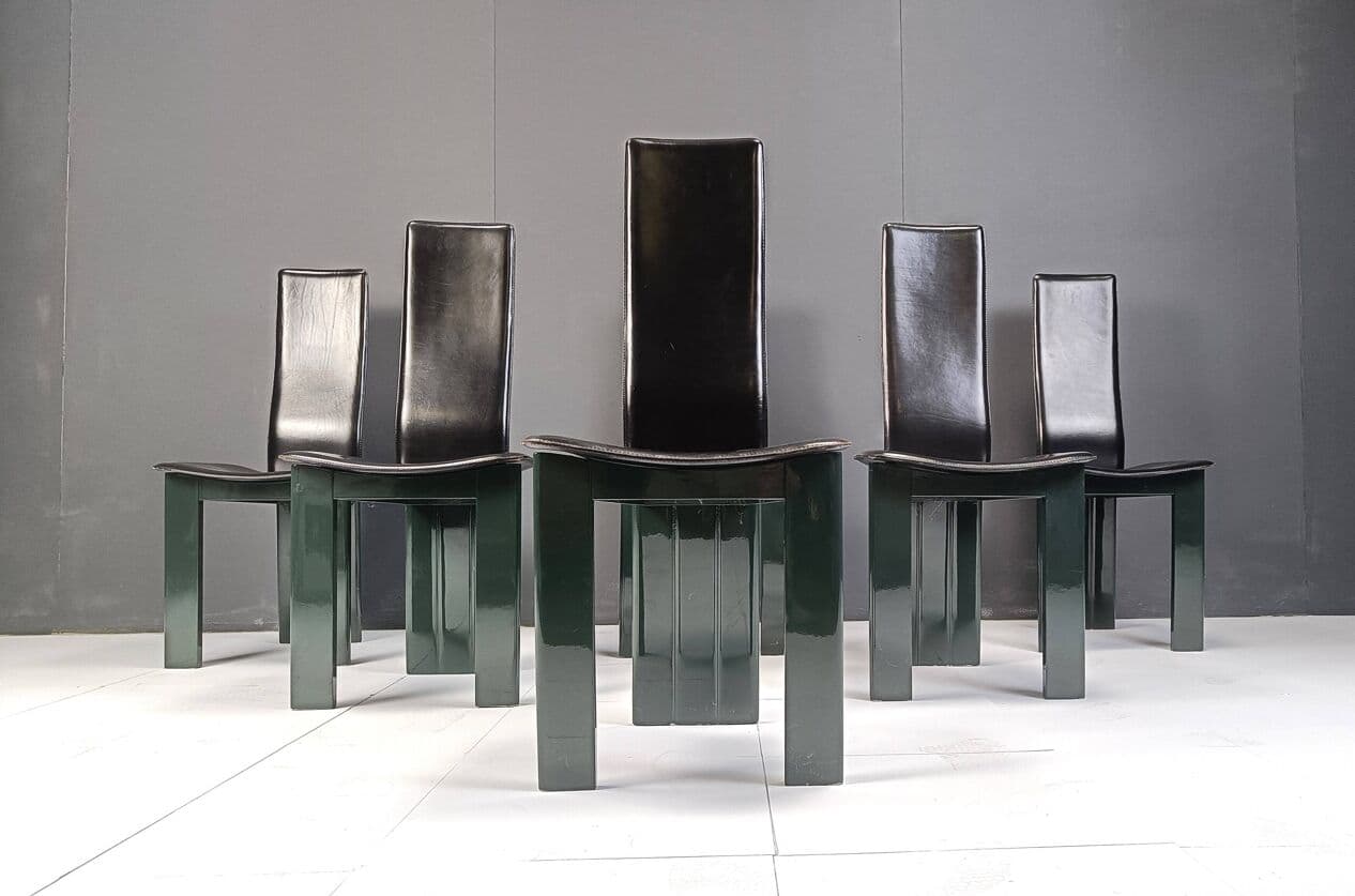 Set of six dining chairs, black leather, green lacquered wood, Italy, 1980s. - 328862