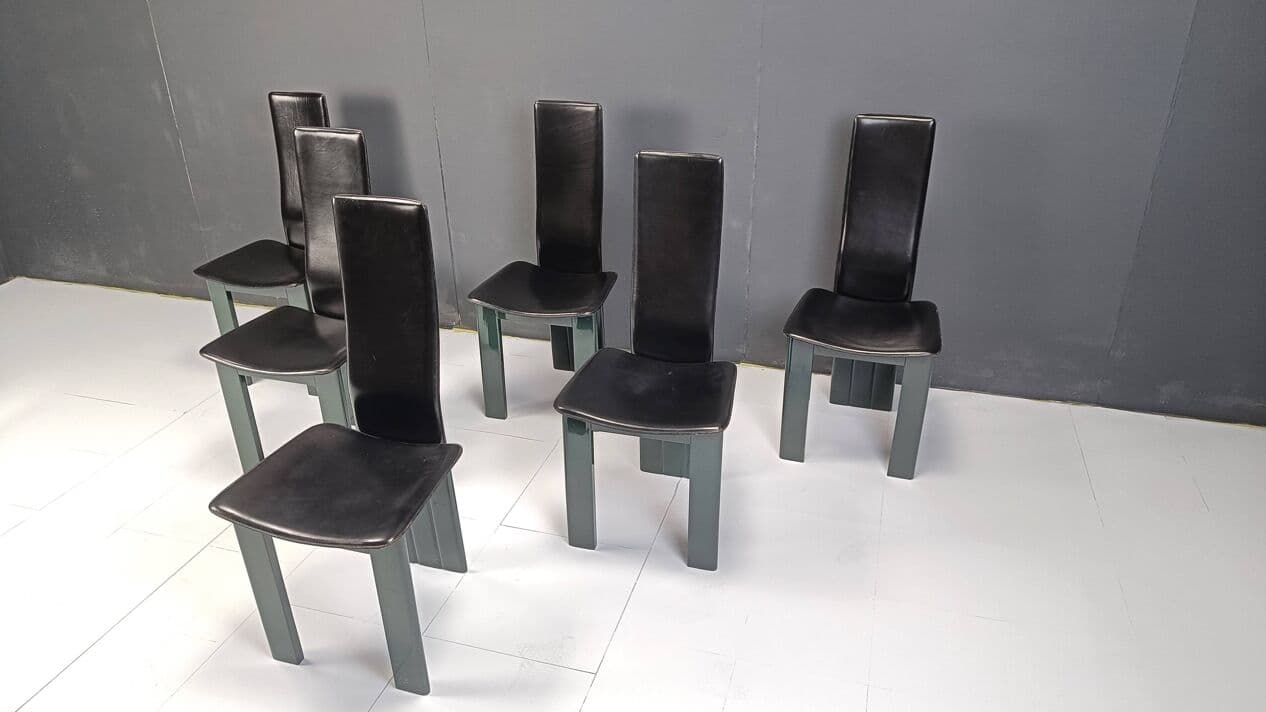 Set of six dining chairs, black leather, green lacquered wood, Italy, 1980s. - 328860