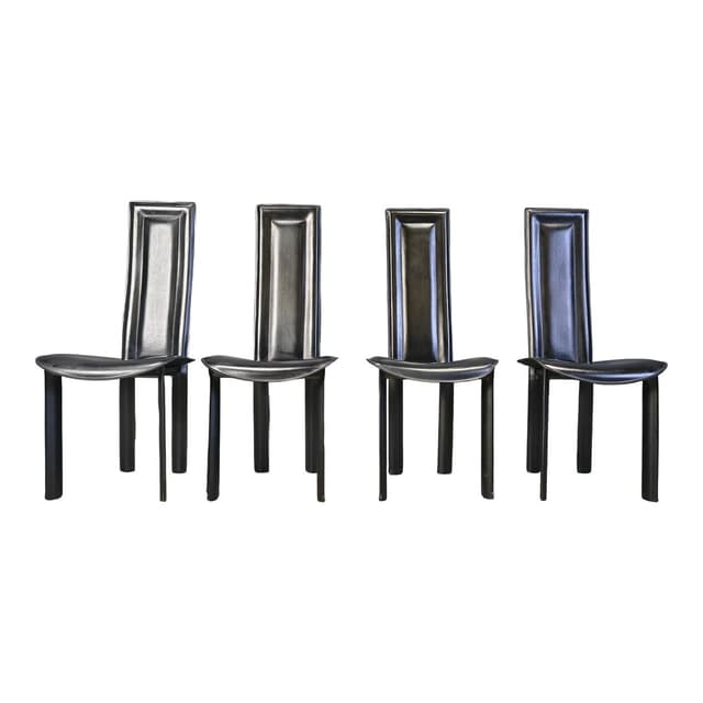 Set of four dining chairs, black leather, Italy, 1980s. - DIMENSION