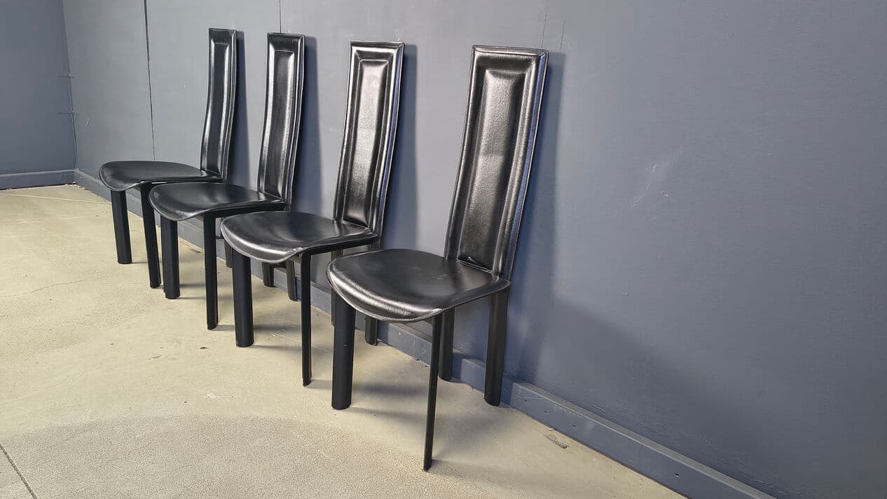 Set of four dining chairs, black leather, Italy, 1980s. - 328846