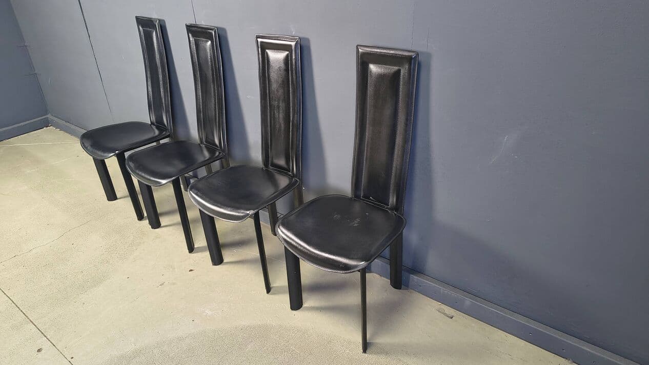 Set of four dining chairs, black leather, Italy, 1980s. - 328847