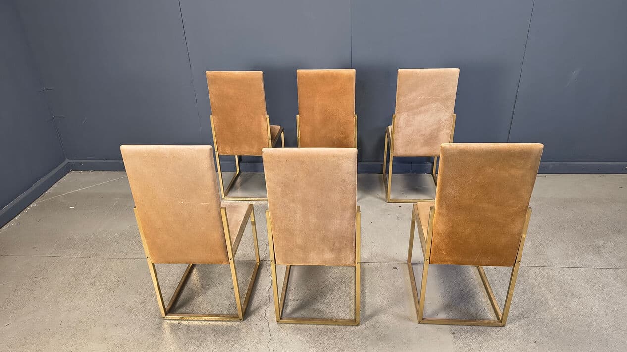 Set of six dining chairs, gold brass, brown fabric, Belgochrom, Belgium, 1970s. - 328838