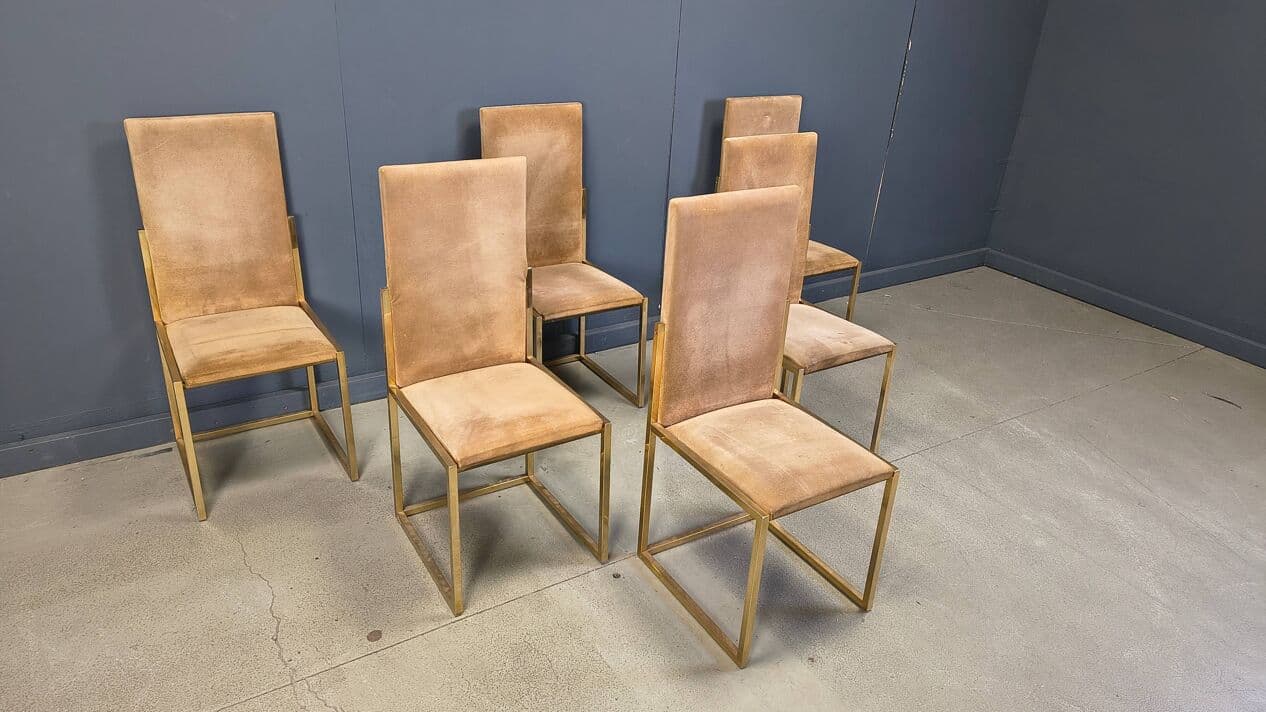 Set of six dining chairs, gold brass, brown fabric, Belgochrom, Belgium, 1970s. - 328833