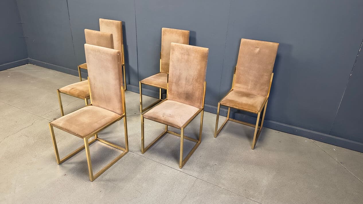 Set of six dining chairs, gold brass, brown fabric, Belgochrom, Belgium, 1970s. - 328835
