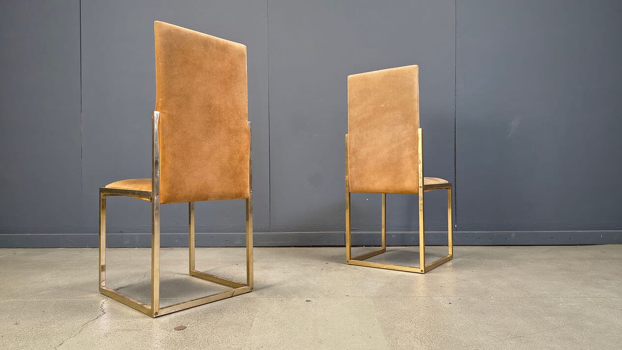 Set of six dining chairs, gold brass, brown fabric, Belgochrom, Belgium, 1970s. - 328829