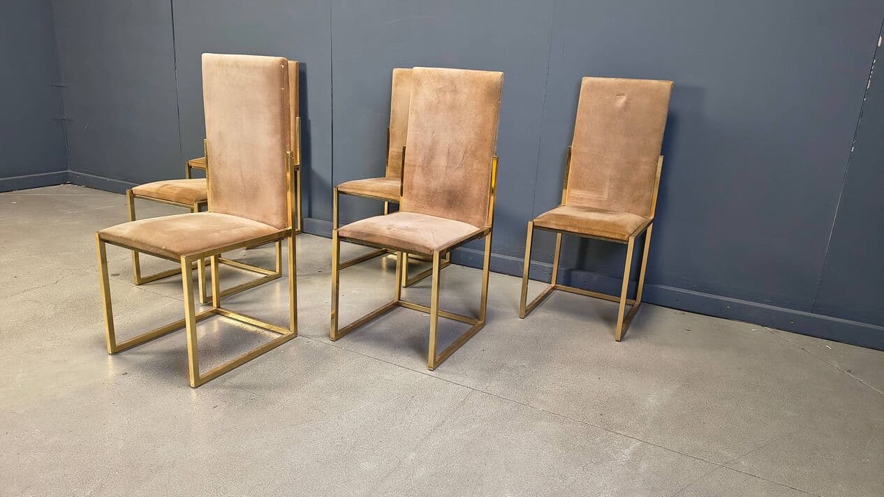 Set of six dining chairs, gold brass, brown fabric, Belgochrom, Belgium, 1970s. - 328836