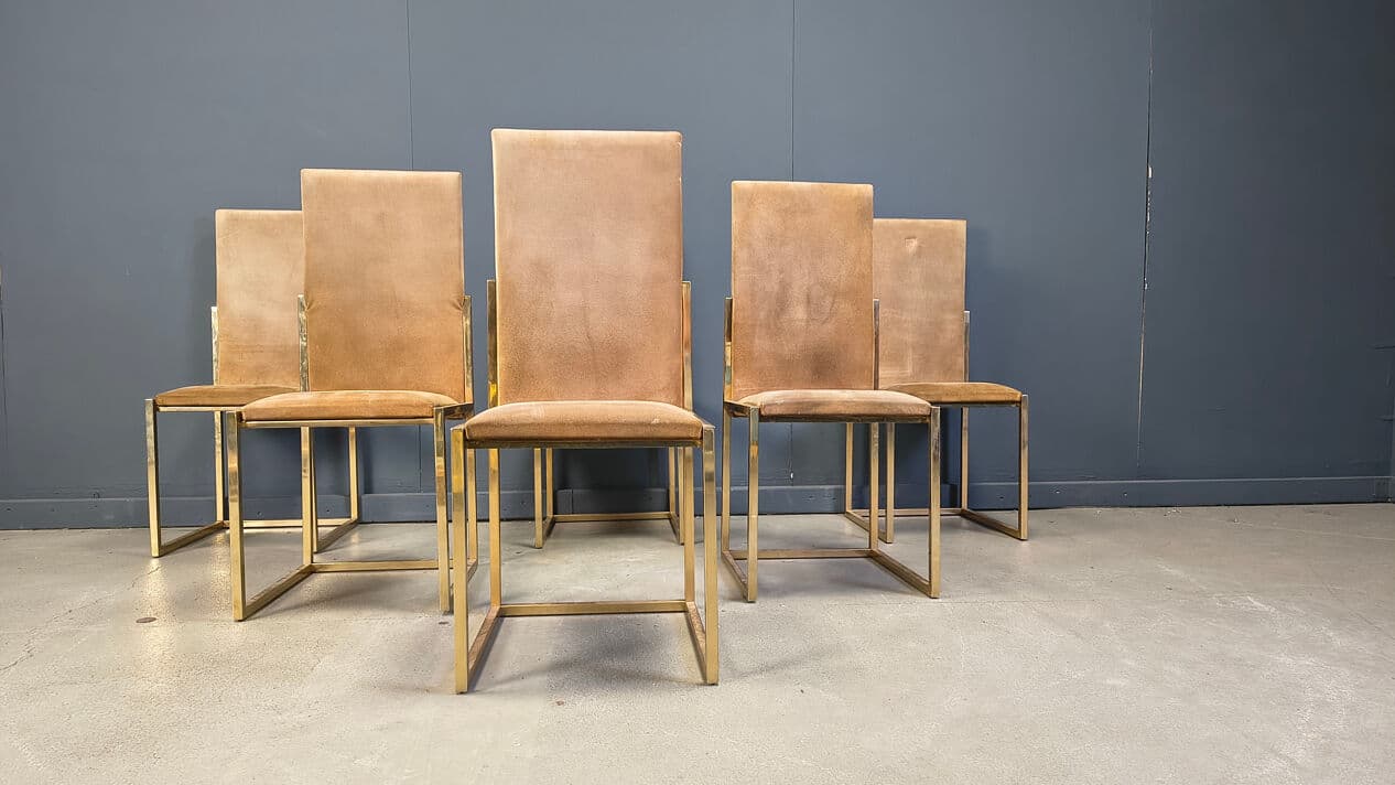 Set of six dining chairs, gold brass, brown fabric, Belgochrom, Belgium, 1970s. - 328831