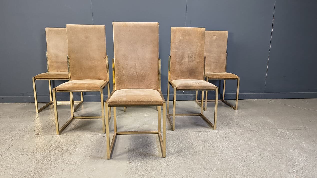 Set of six dining chairs, gold brass, brown fabric, Belgochrom, Belgium, 1970s. - 328828