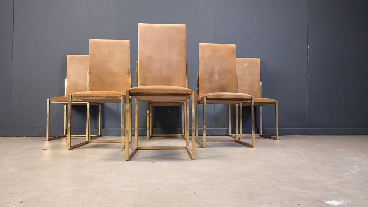 Set of six dining chairs, gold brass, brown fabric, Belgochrom, Belgium, 1970s. - 328834