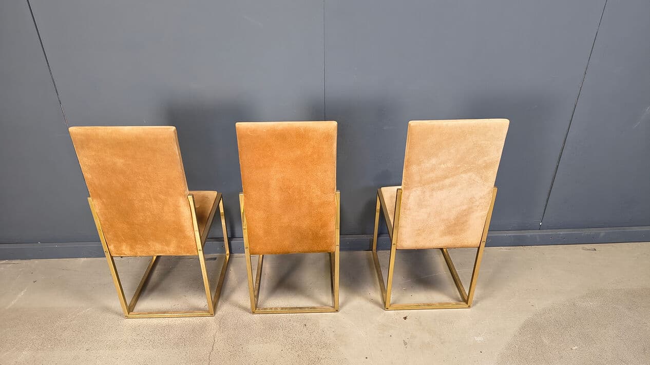 Set of six dining chairs, gold brass, brown fabric, Belgochrom, Belgium, 1970s. - 328837