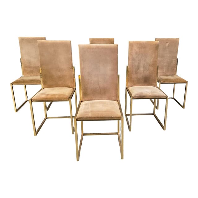 Set of six dining chairs, gold brass, brown fabric, Belgochrom, Belgium, 1970s. - DIMENSION