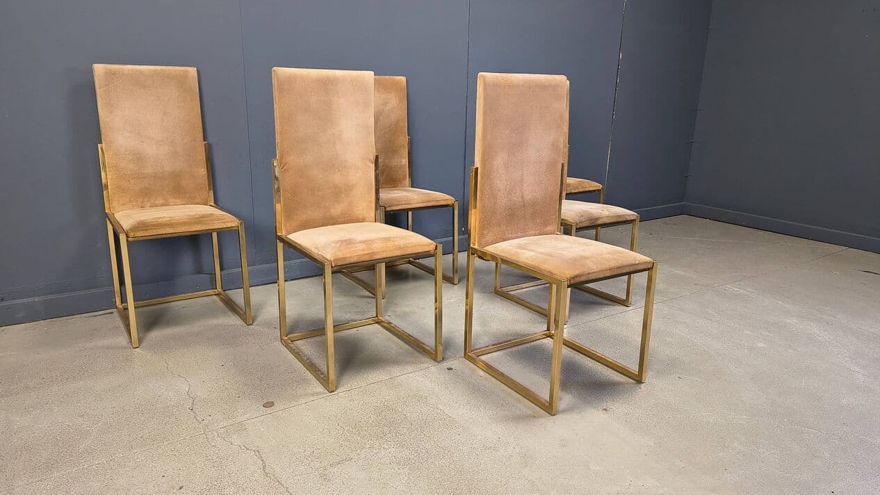 Set of six dining chairs, gold brass, brown fabric, Belgochrom, Belgium, 1970s. - 328832