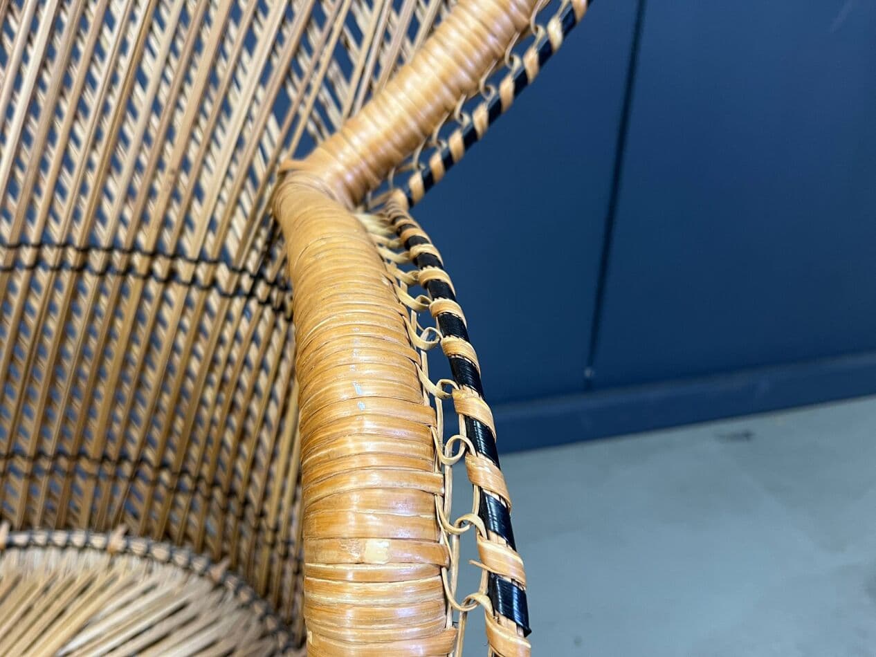 Fotel paw, brązowy czarny, rattan i wiklina, Belgia, lata 70. - 328816