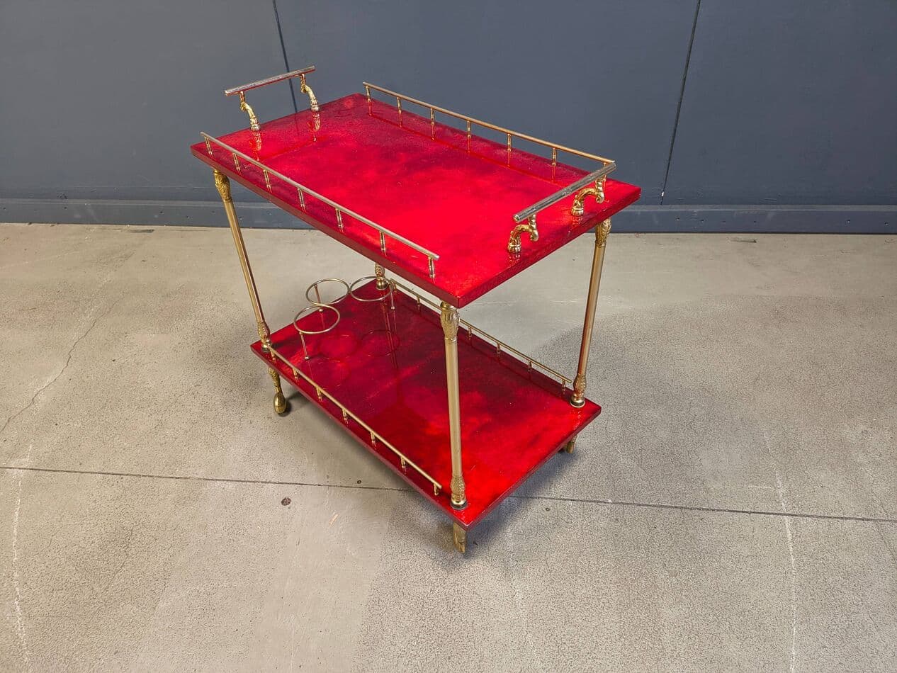 Bar cart, burgundy lacquered goatskin, gold metal, by A. Tura, Italy, 1970s. - 328780