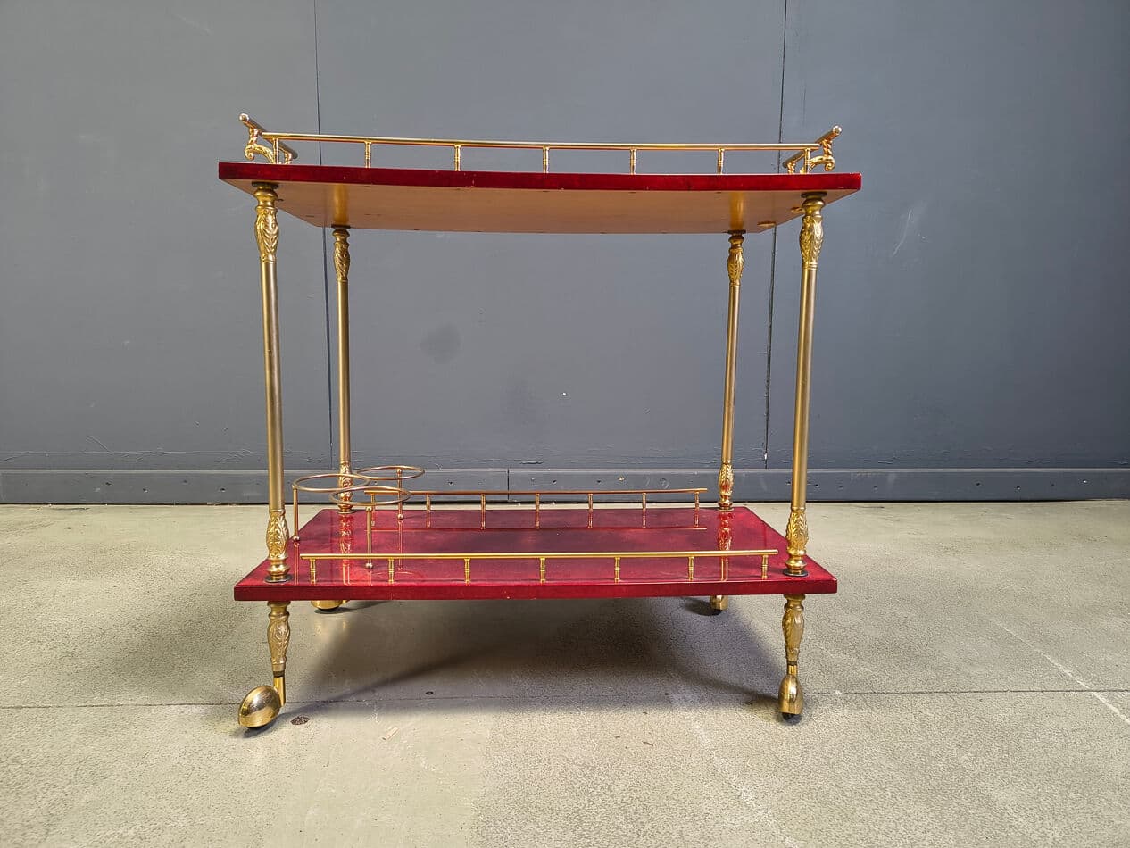 Bar cart, burgundy lacquered goatskin, gold metal, by A. Tura, Italy, 1970s. - 328775