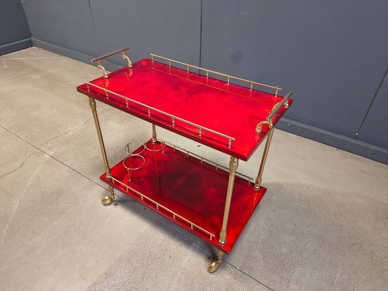 Bar cart, burgundy lacquered goatskin, gold metal, by A. Tura, Italy, 1970s. - 328779