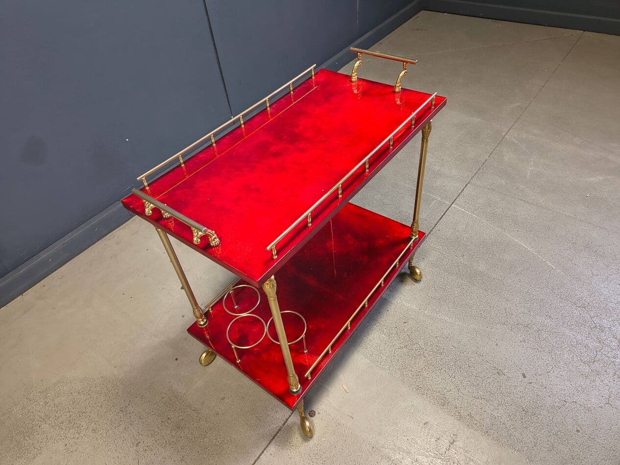 Bar cart, burgundy lacquered goatskin, gold metal, by A. Tura, Italy, 1970s. - 328776