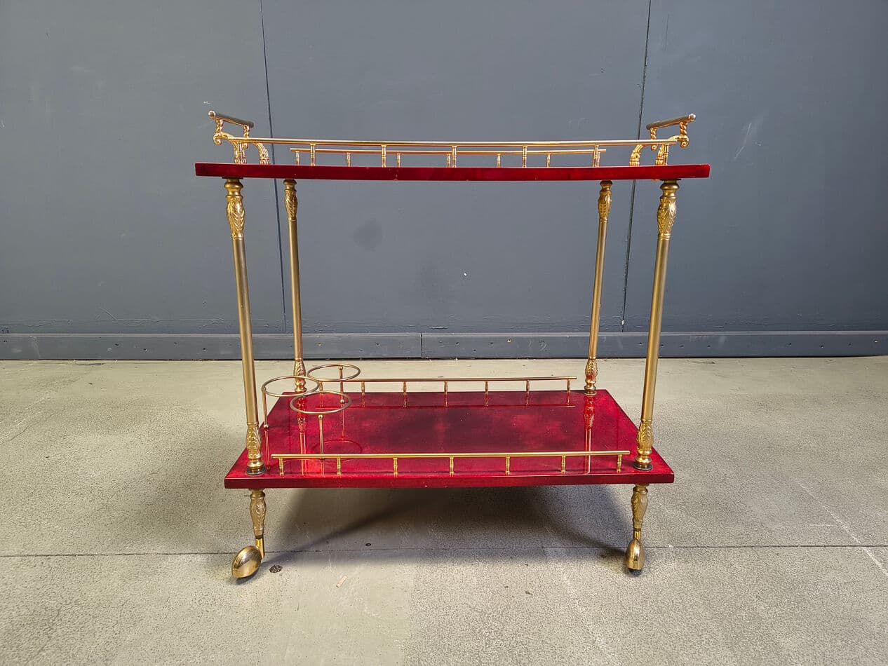 Bar cart, burgundy lacquered goatskin, gold metal, by A. Tura, Italy, 1970s. - 328774