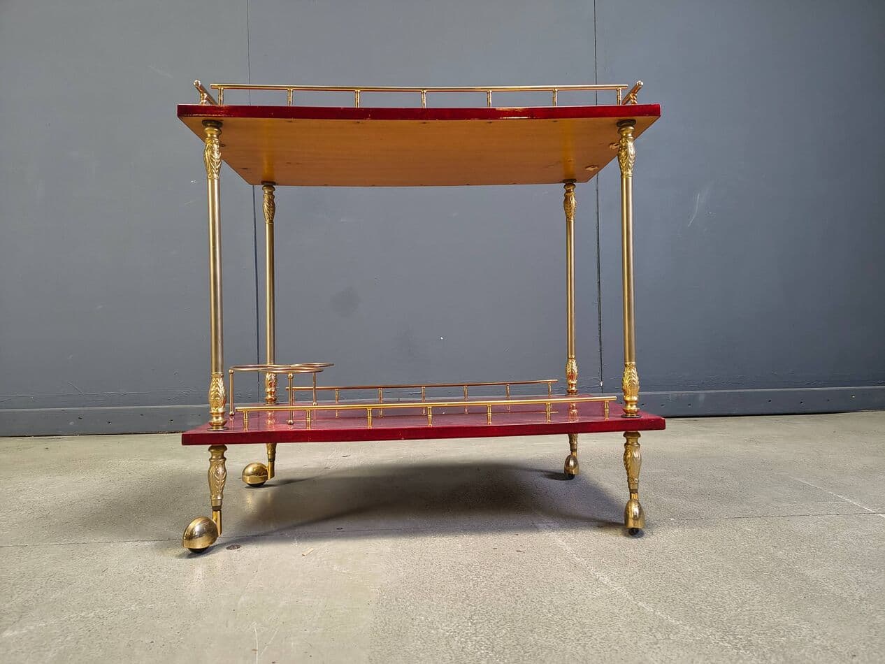 Bar cart, burgundy lacquered goatskin, gold metal, by A. Tura, Italy, 1970s. - 328777